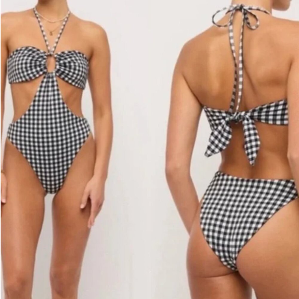 MARA HOFFMAN Black and White Gingham One Piece Cutout SWIMSUIT SIZE L